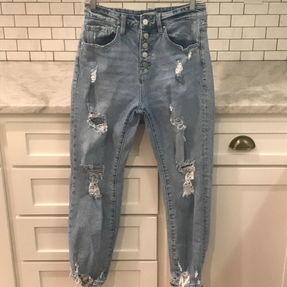 Altar'd State Jeans Womens 7 Blue‎ Denim Ripped Button Fly Boyfriend Boho Hippie